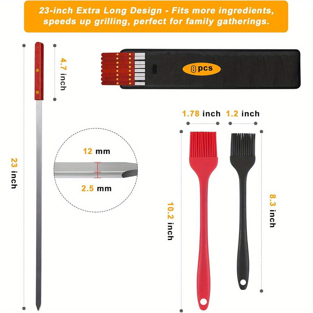 8 Kabob Skewers + 2 Brushes - 23 Inch Stainless Steel BBQ Skewers with Wooden Handles, Extra Large Size for Shish Kebab, Turkish & Brazilian BBQ,
