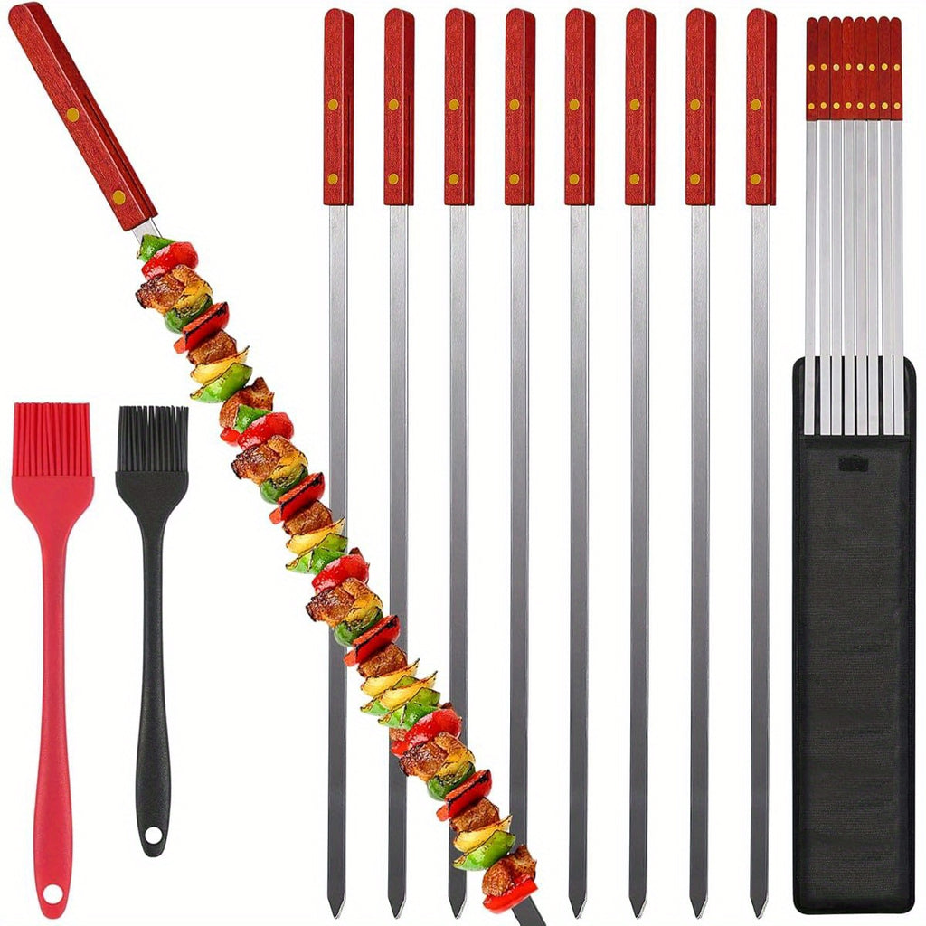 8 Kabob Skewers + 2 Brushes - 23 Inch Stainless Steel BBQ Skewers with Wooden Handles, Extra Large Size for Shish Kebab, Turkish & Brazilian BBQ,