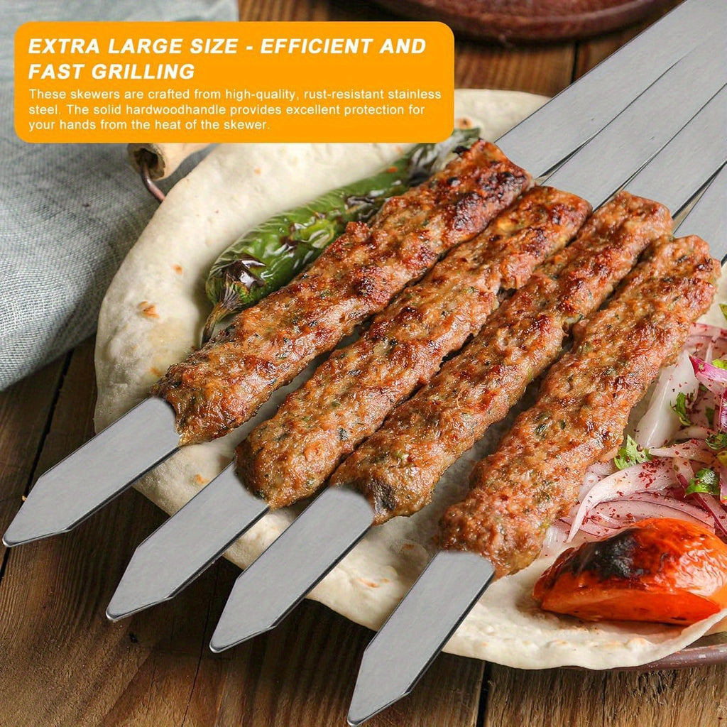 8 Kabob Skewers + 2 Brushes - 23 Inch Stainless Steel BBQ Skewers with Wooden Handles, Extra Large Size for Shish Kebab, Turkish & Brazilian BBQ,