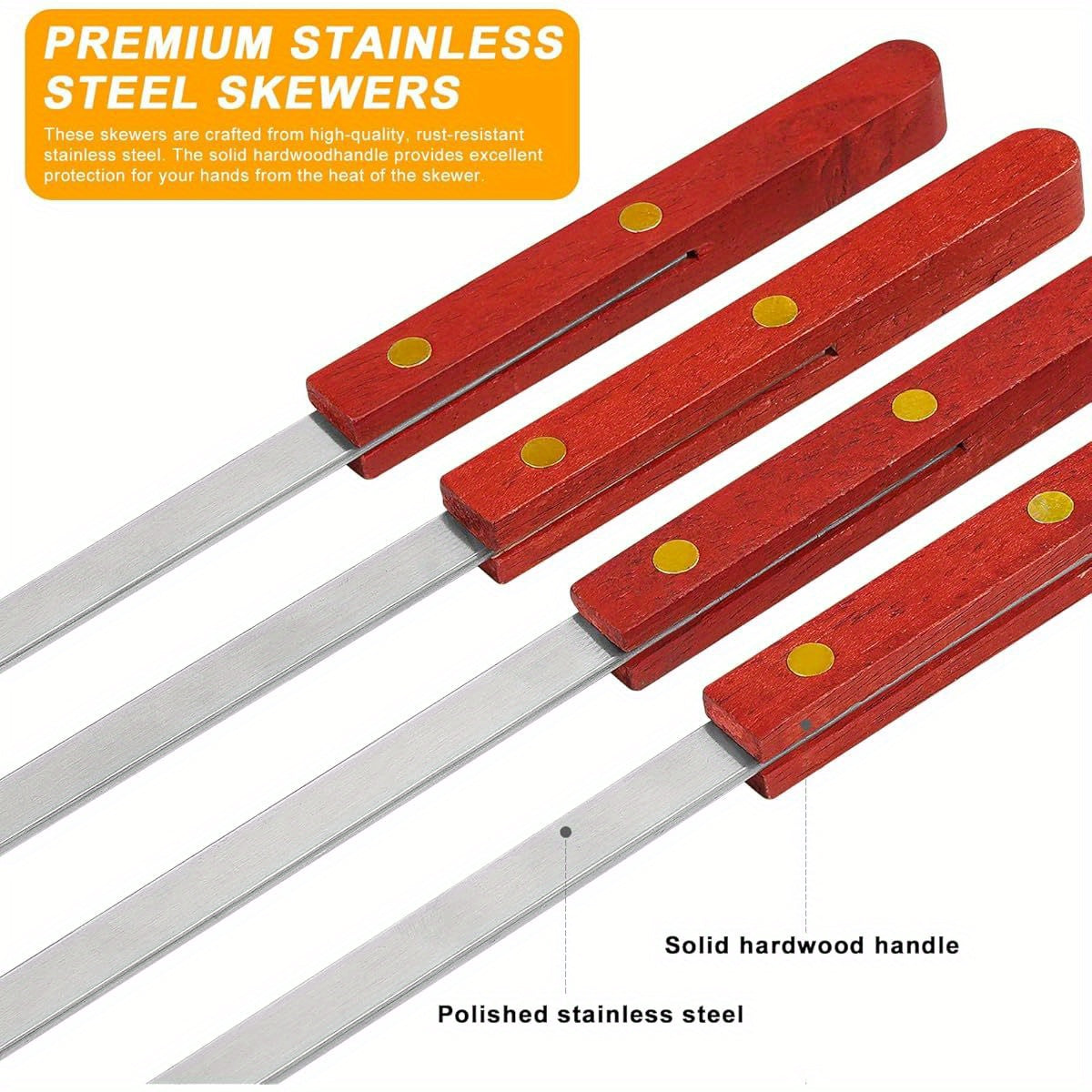 8 Kabob Skewers + 2 Brushes - 23 Inch Stainless Steel BBQ Skewers with Wooden Handles, Extra Large Size for Shish Kebab, Turkish & Brazilian BBQ,