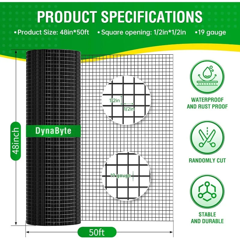 Coated Black Hardware Cloth 1/2 inch 48 x 50 ft 19 Gauge, Rust and Corrosion Resistant