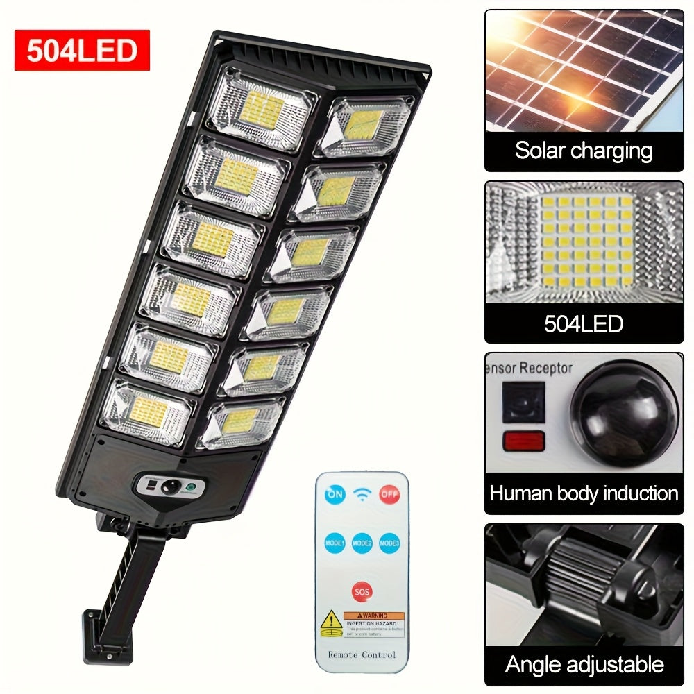 1pc Solar Street Light 6500K 200LED/504 LED Solar Parking Street Light (Dusk To Dawn) With Foldable Bracket Solar Flood Light (Wide Angle Motion Sensor And Remote Control) For Commercial Area Lighting Yard