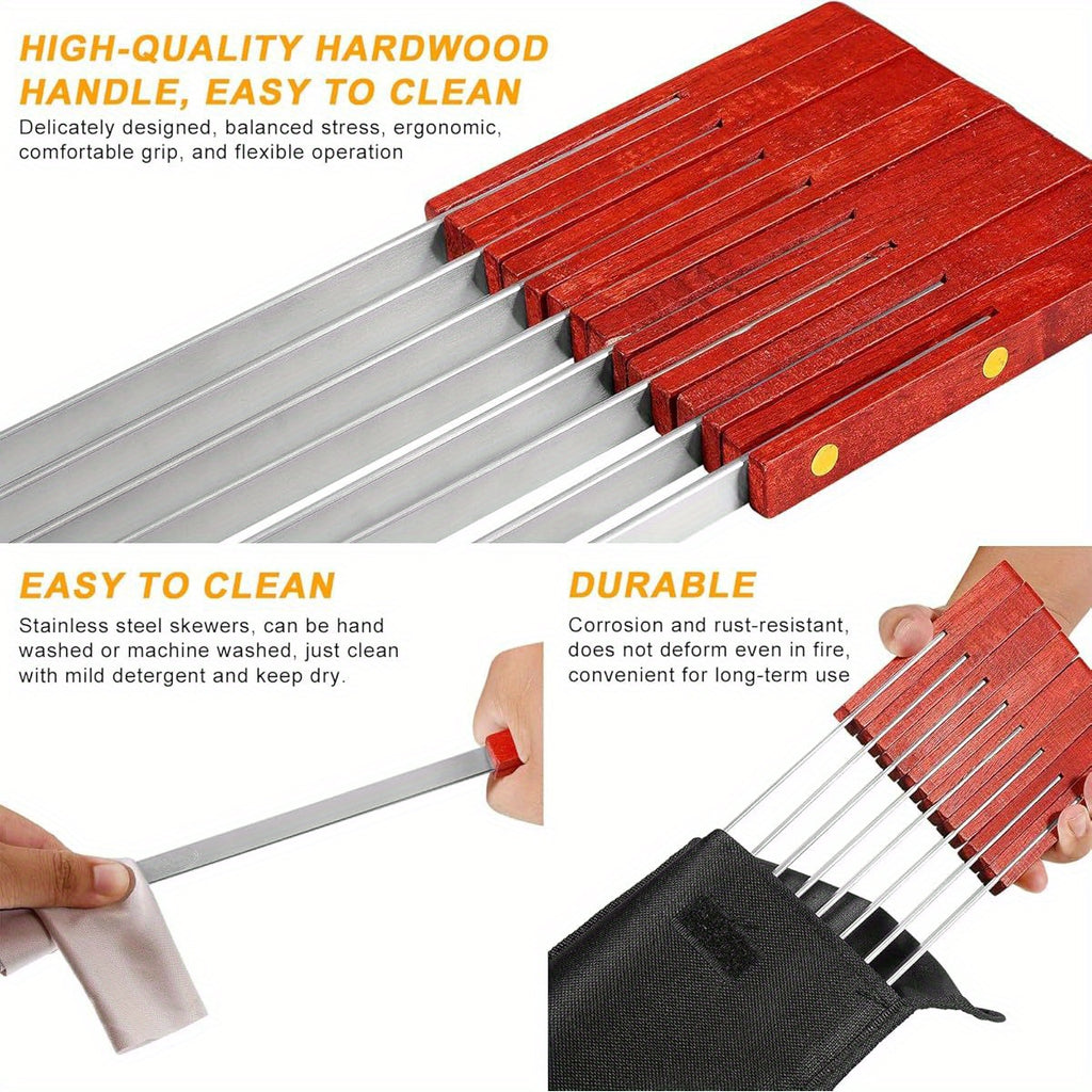 8 Kabob Skewers + 2 Brushes - 23 Inch Stainless Steel BBQ Skewers with Wooden Handles, Extra Large Size for Shish Kebab, Turkish & Brazilian BBQ,