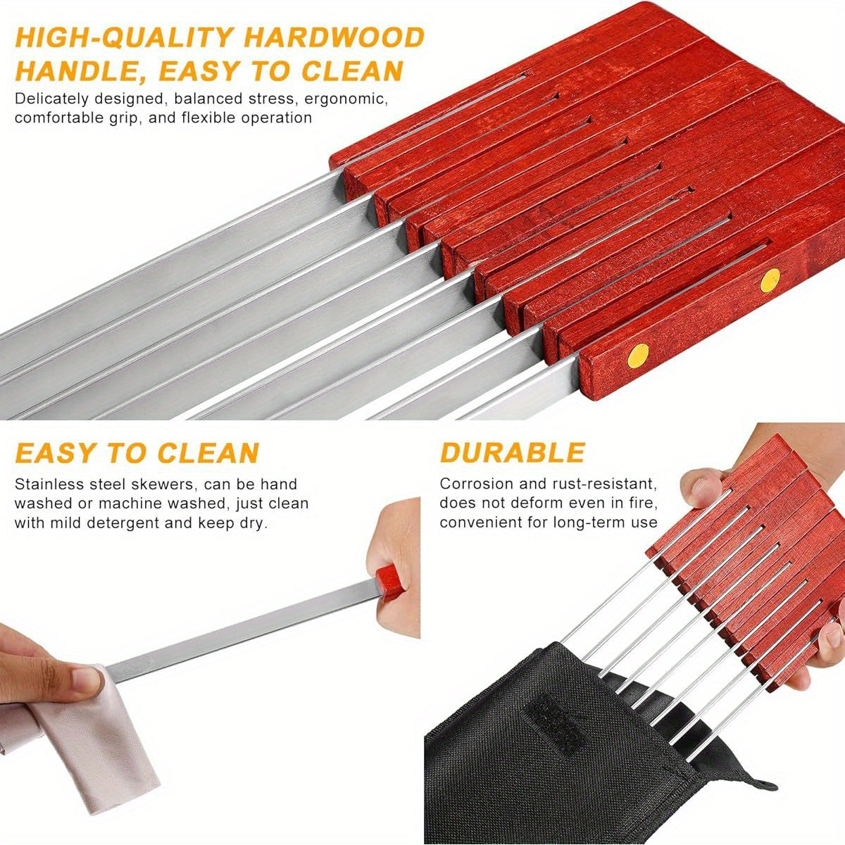 8 Kabob Skewers + 2 Brushes - 23 Inch Stainless Steel BBQ Skewers with Wooden Handles, Extra Large Size for Shish Kebab, Turkish & Brazilian BBQ,