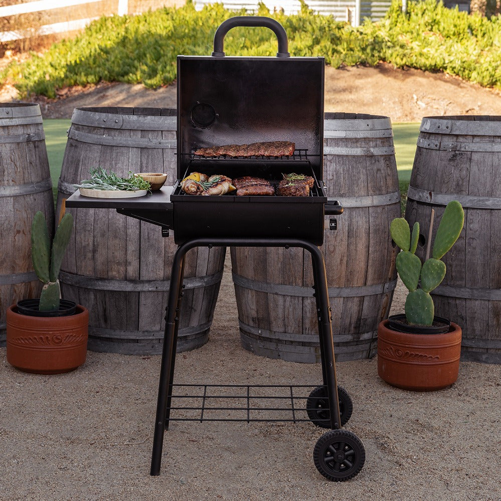 17.5" Charcoal Barrel Grill with Side Shelf, Perfect for Outdoor Cooking & Grilling, BBQs, Camping, Patio, Garden, Backyard, Tailgating, Black